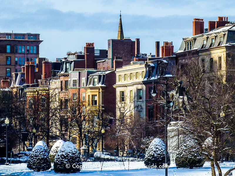 Mansions along the first block of Commonwealth Avenue, seen from Boston's Public Garden
