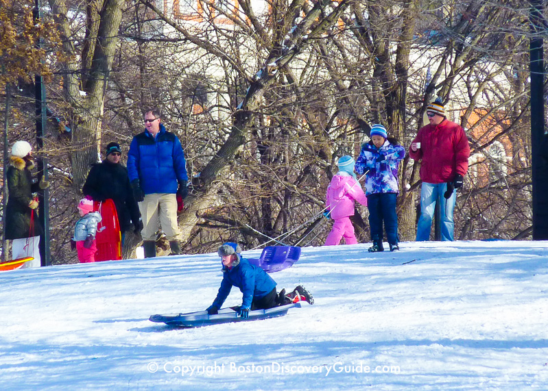 Winter walking tour of Boston: Sledding on Boston Common