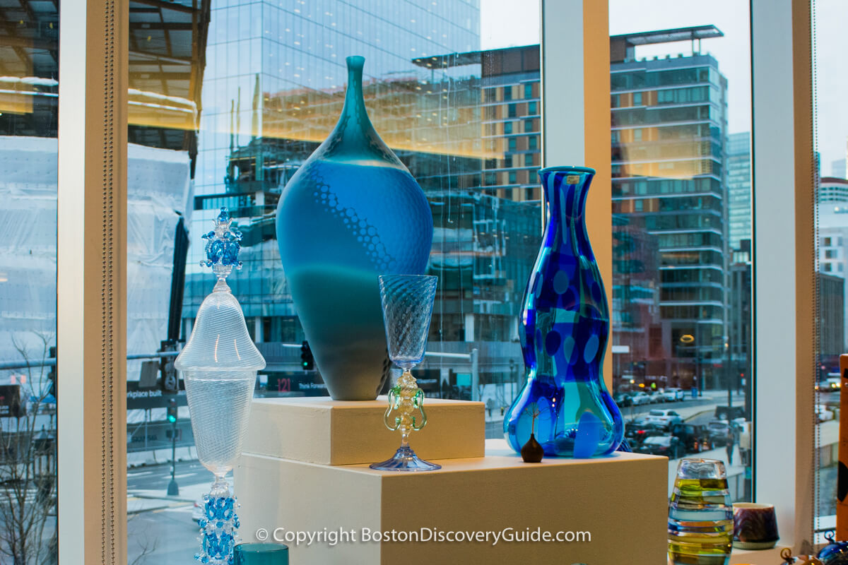 Hand-blown vases and glasses at a Society of Arts & Crafts show 