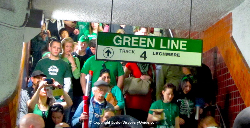 Crowds heading to St. Patrick's Day Parade in the Park Street T station