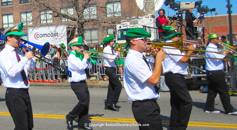 Brass band marching in Boston's Saint Patrick's Day Parade