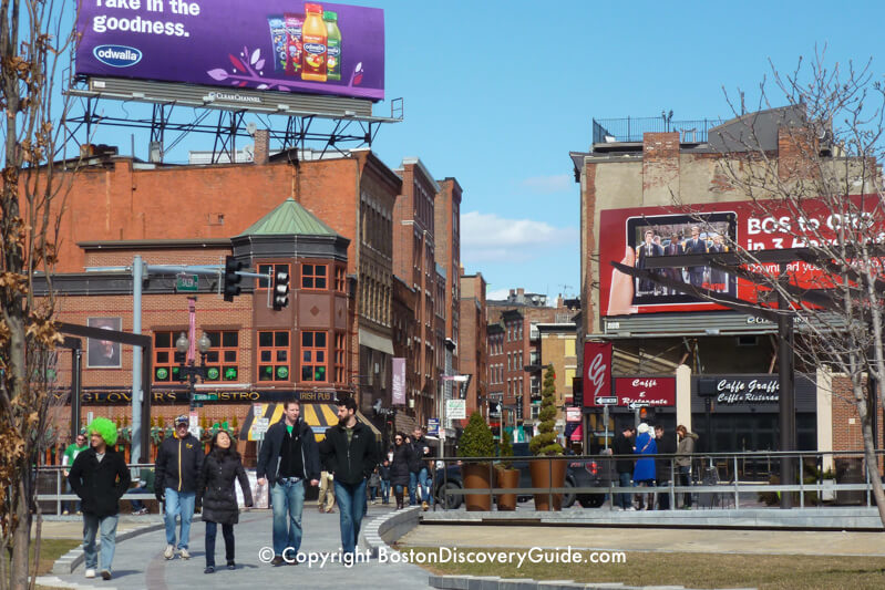 Wearing green for St Patrick's Day - Boston's North End neighborhood in the background