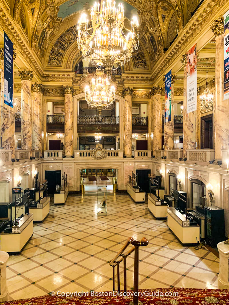 The Wang Theatre's Grand Lobby, photographed from the top of the stairs