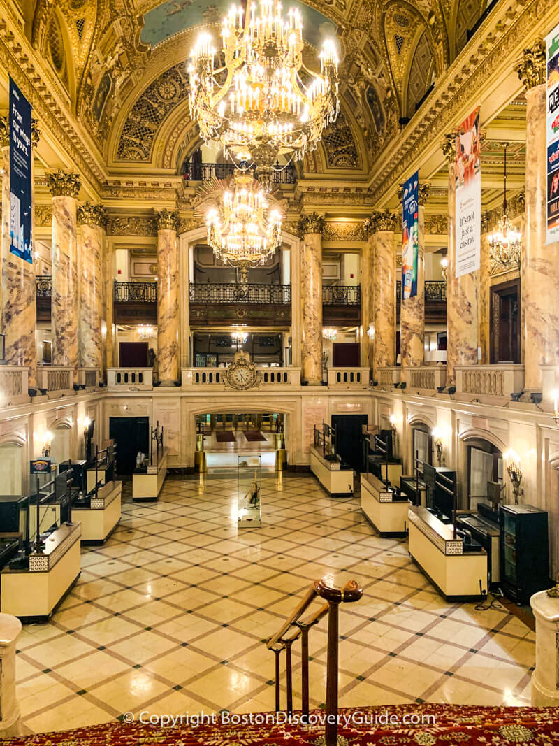 The Wang Theatre's Grand Lobby, photographed from the top of the stairs The Wang Theatre's Grand Lobby, photographed from the top of the stairs