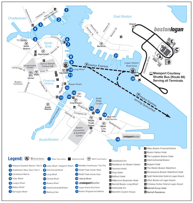Massport's Boston water taxi landing map showing nearby hotels