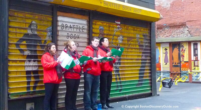 Christmas carolers in front of Brattle Book Store, Boston Massachusetts Christmas carolers in front of Brattle Book Store, Boston Massachusetts
