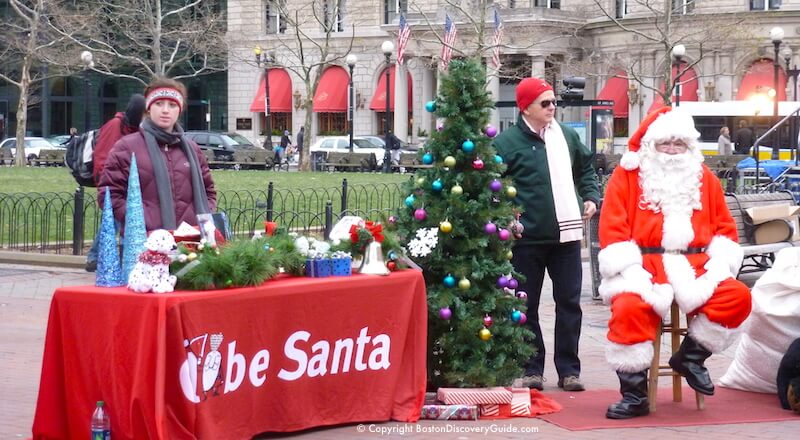 Globe Santa in Back Bay's Copley Square - Boston Christmas spirit in action Globe Santa in Back Bay's Copley Square - Boston Christmas spirit in action