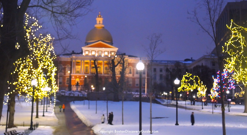 Holiday lights on Boston Common near Massachusetts State House