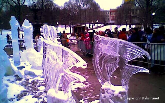 First Night Boston ice sculpture of frogs - photo courtesy of Dykstranet