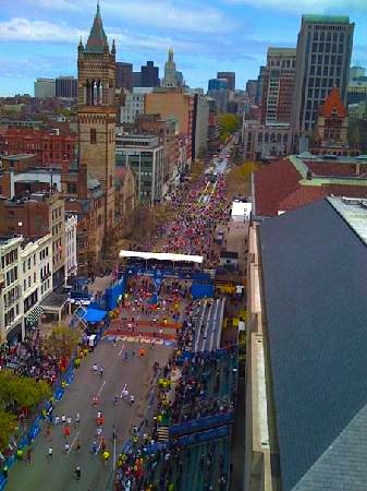 View of the Boston Marathon finish line from the Lenox Hotel on Boylston Street View of the Boston Marathon finish line from the Lenox Hotel on Boylston Street