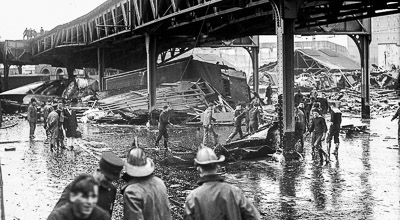 Photograph of molasses flooding the streets of Boston's North End