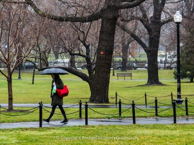 Walking across Boston Common in the rain