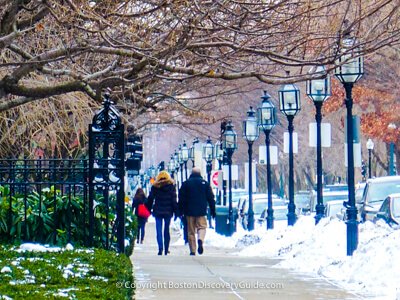 Walking along Comm Ave on a snowy day in Boston