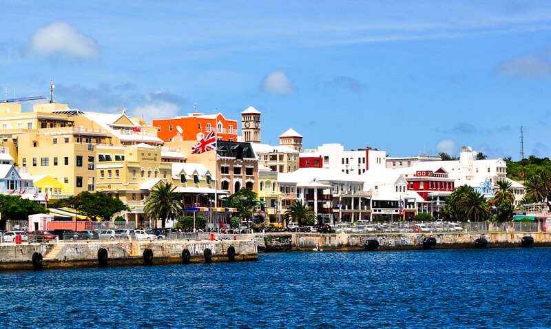 Pastel-colored buildings along Front Street in Hamilton, Bermuda