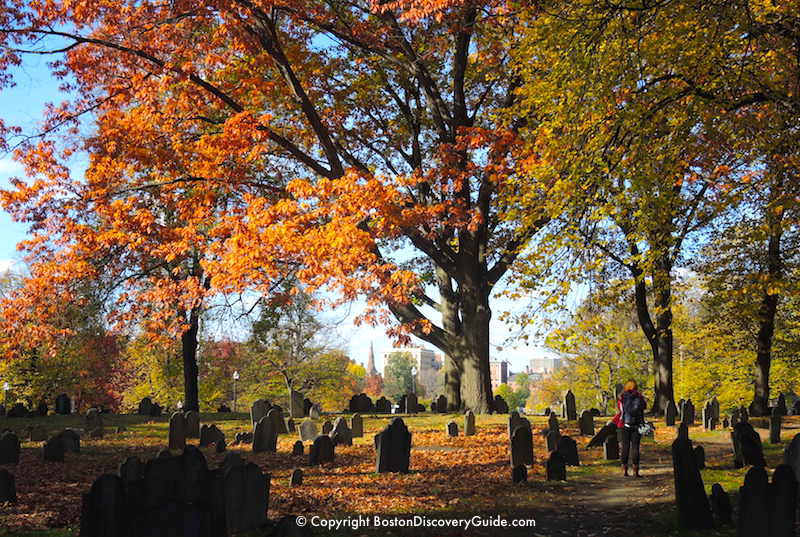 Boston weather in November - Fall foliage on Boston Common near Central Burying Ground Boston weather in November - Fall foliage on Boston Common near Central Burying Ground
