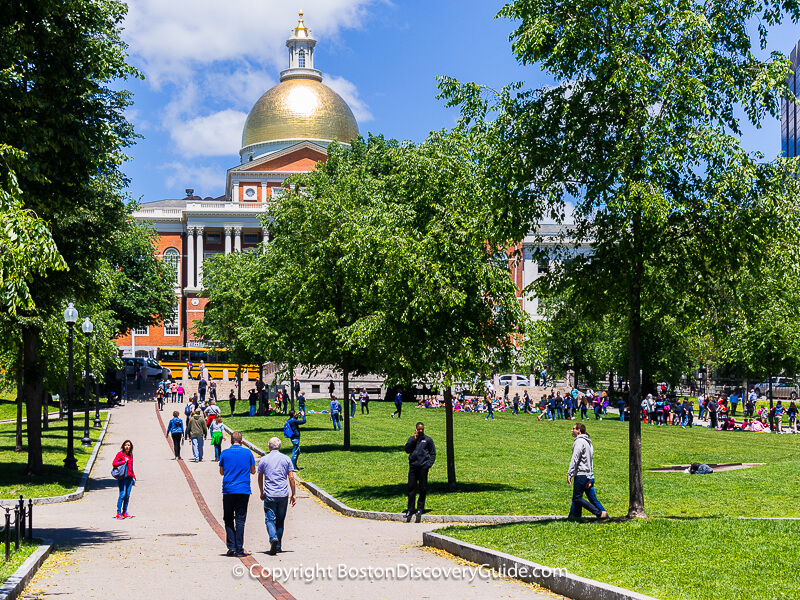 The red stripe marks the Freedom Trail as it leads across Boston Common up to the Massachusetts State House