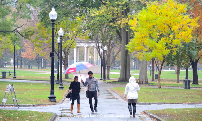 Walking in Boston Common in the rain