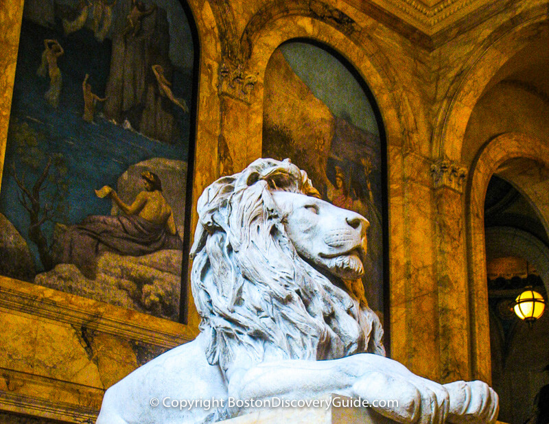 Murals and lion in the Boston Public Library