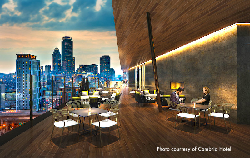 Rendering of rooftop deck overlooking the Boston skyline at Cambria Hotel Rendering of rooftop deck overlooking the Boston skyline at Cambria Hotel