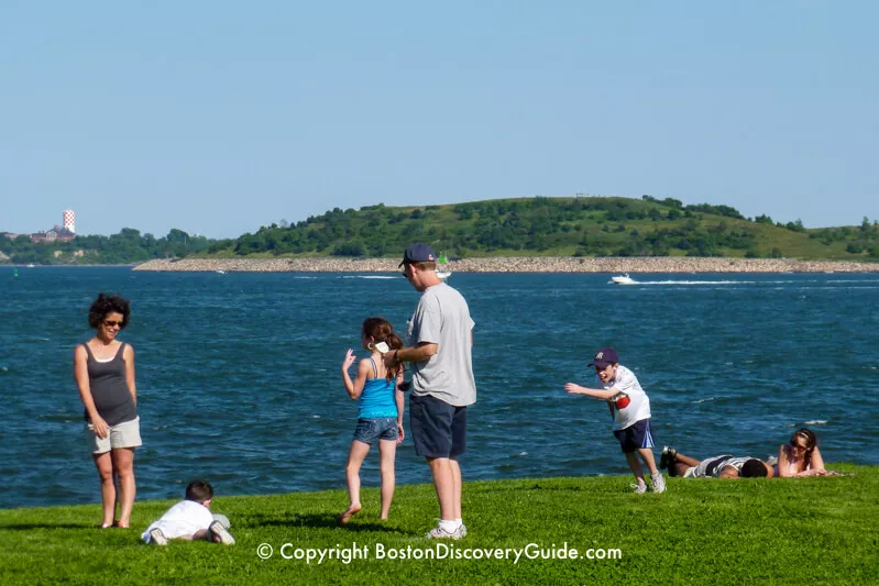 Boston Harbor Islands: View of Long Island and Spectacle Island from Castle Island Boston Harbor Islands: View of Long Island and Spectacle Island from Castle Island