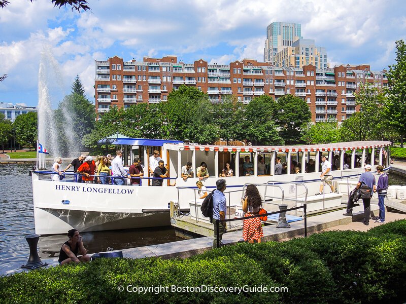 Passengers boarding a Charles Riverboat sightseeing cruise at Lechmere Canal Park