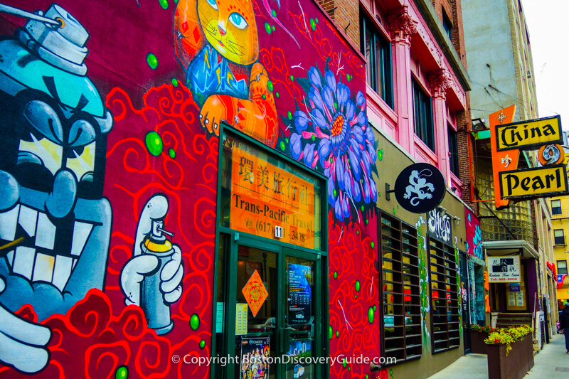 The colorful block where China Pearl Restaurant in Boston's Chinatown is located