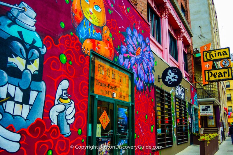 The colorful block where China Pearl Restaurant in Boston's Chinatown is located