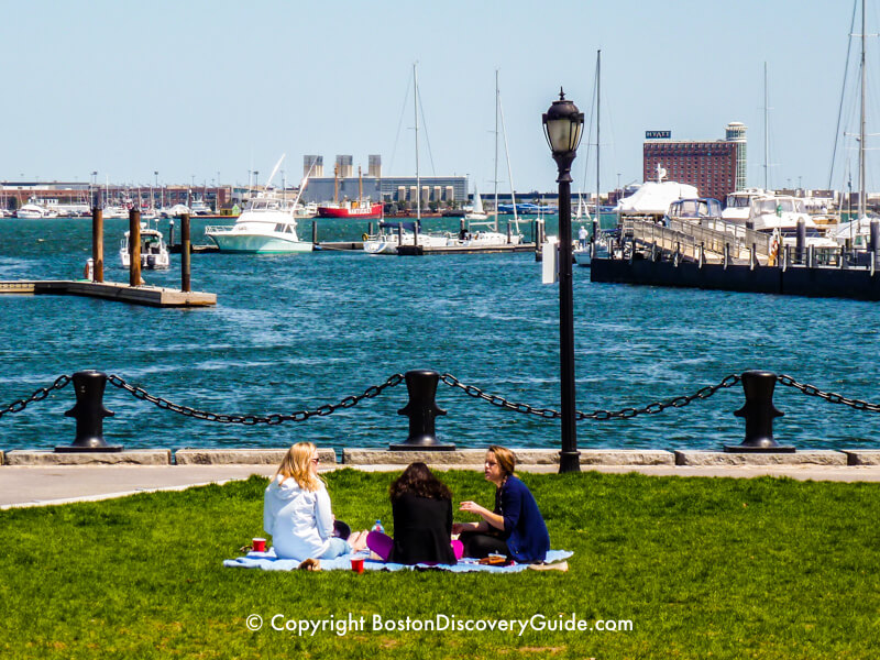 Picnic in Christopher Columbus Park overlooking Boston Harbor