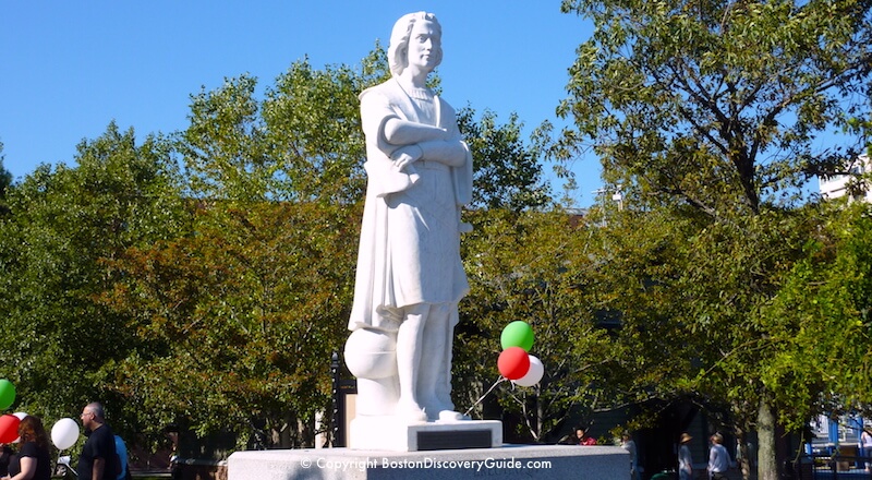 Christopher Columbus statue in Christopher Columbus Park in Boston's North End neighborhood Christopher Columbus statue in Christopher Columbus Park in Boston's North End neighborhood