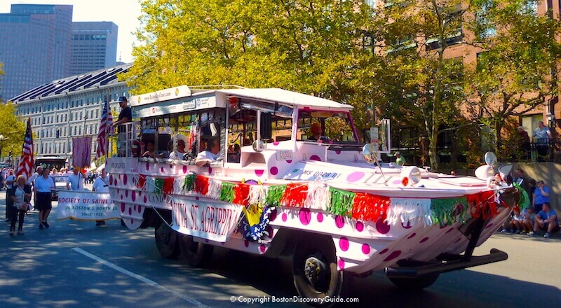 Float in the Columbus Day Parade through Boston's North End neighborhood Float in the Columbus Day Parade through Boston's North End neighborhood