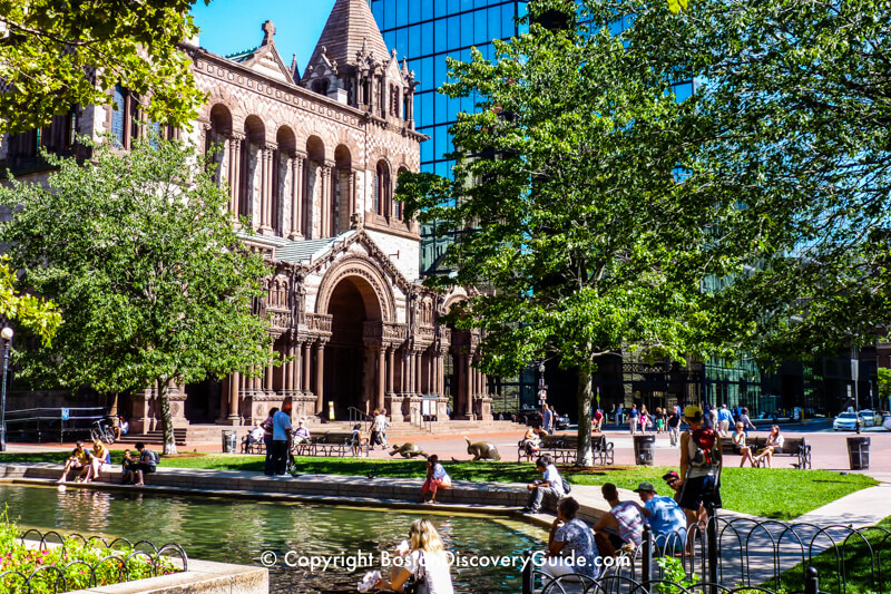 Reflecting pool in Copley Square near Trinity Church and the Hancock Tower