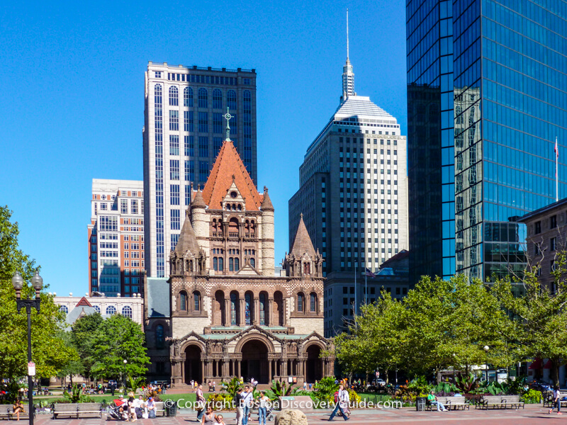 Copley Square with Trinity Church and the John Hancock Tower in Boston's Back Bay neighborhood