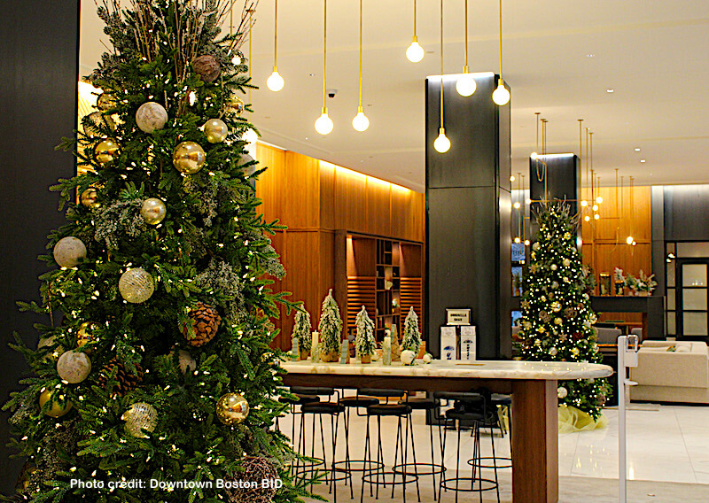 Festive decorations in a Downtown Boston hotel lobby