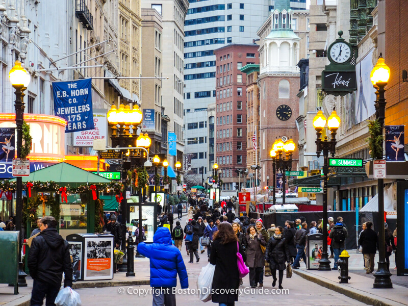 Boston neighborhoods:  Downtown Crossing shoppers, with Old South Meeting House in the background