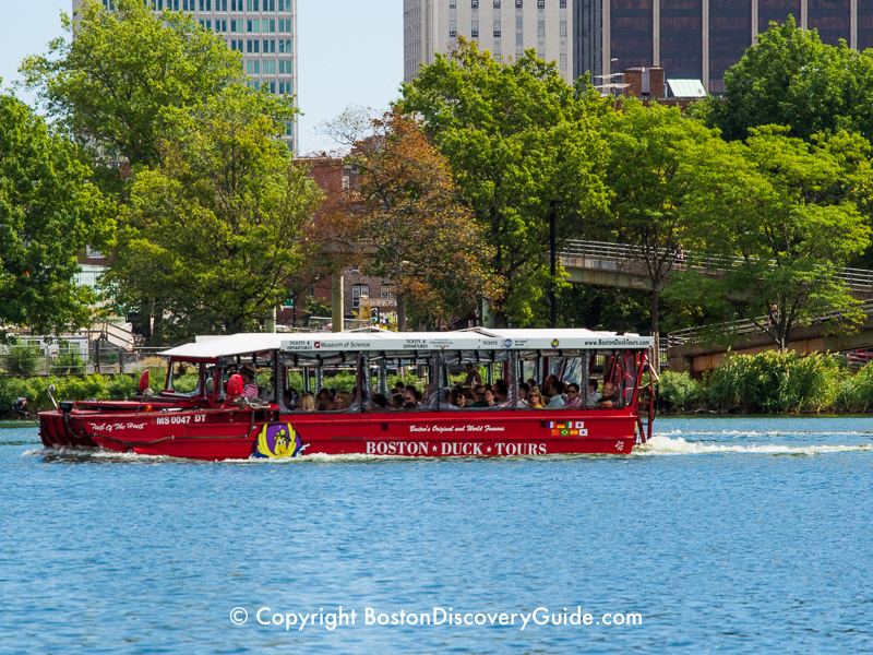 This Duck Tour is driving past stately Victorian-era brownstones in Boston's Back Bay neighborhood