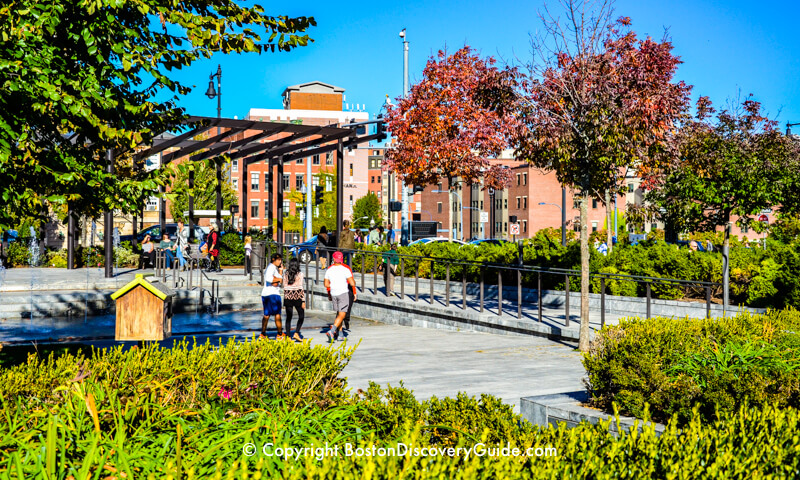 Crimson leaves and golden ornamental grass along the Chinatown section of the Greenway