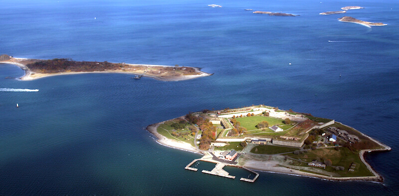 Georges Island in front, Gallops Island to the left, and Brewster Islands