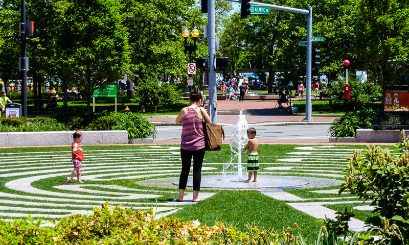 The fountain at the center of The Labyrinth in the Armenian Heritage Park in Boston's Greenway