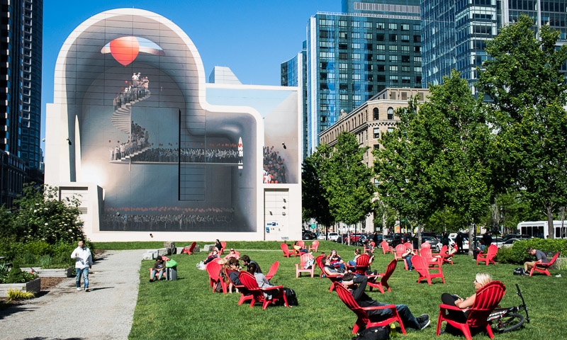 Gigantic mural covering the 76'x 70' Greenway Wall at Dewey Square Park