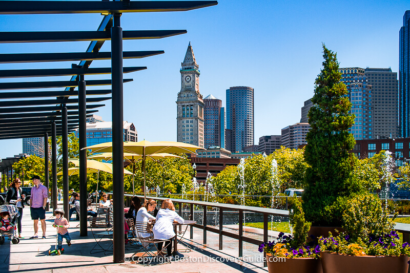 View of downtown Boston from under the pergola in the Greenway's North End Parks