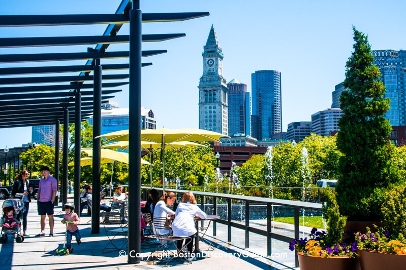 Picnic tables and splash fountains on Boston's Rose Kennedy Greenway