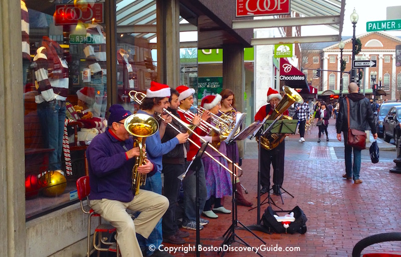 Brass band playing outside of the Coop in Harvard Square