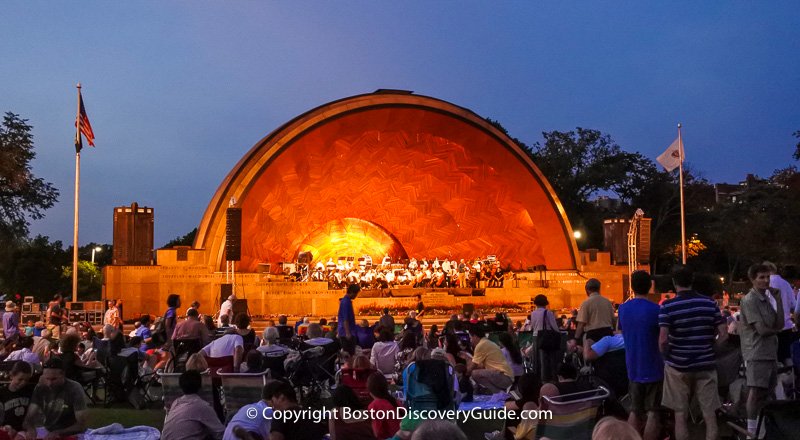 Longwood Symphony Orchestra playing a free concert at the Hatch Shell as part of the Landmark Orchestra concert series in July and August