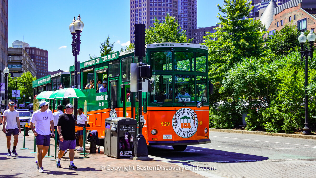 Hop on hop off sightseeing trolley near Boston's Greenway and Faneuil Marketplace
