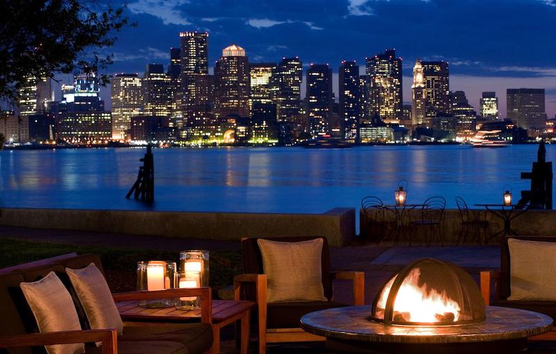 View of the harbor and Downtown Boston from outdoor terrace at Hyatt Regency Boston Harbor at Logan Airport 