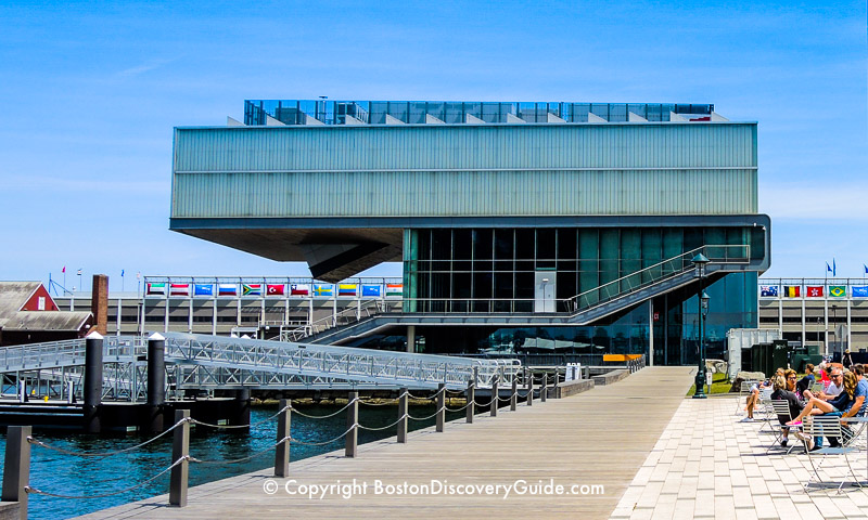 ICA Boston and patio seating next to Harborwalk