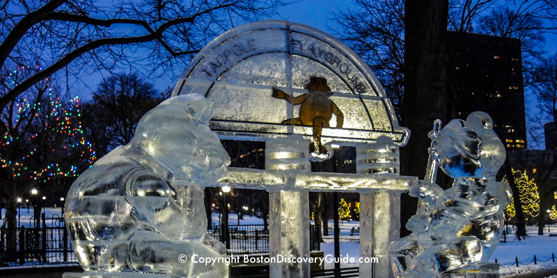 First Night Boston ice sculpture of Tadpole Playground in Boston Common