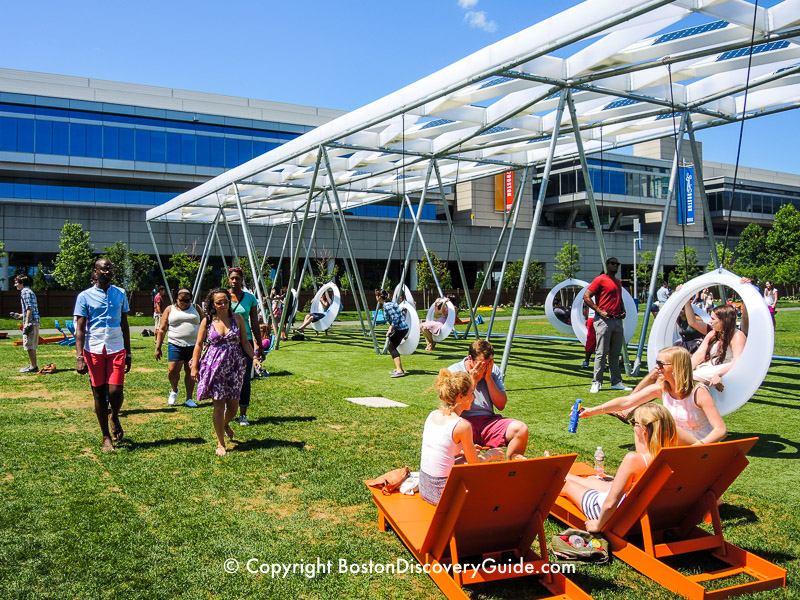 Swings and chairs at Lawn on D next to the Boston Convention Center