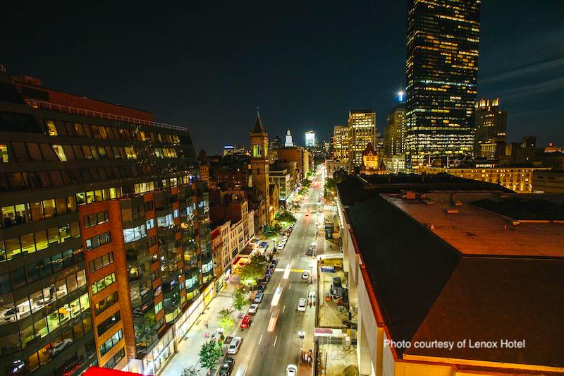 View of the Boston Marathon finish line from the Lenox Hotel on Boylston Street