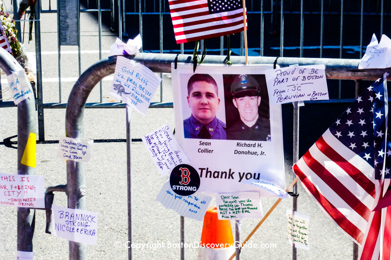 Memorial to MIT Police Officer Sean Collier, 26 years old, killed after being shot multiple times by the Marathon bombers on the MIT campus, and MBTA Transit Police Officer Richard H. Donahue Jr, 33 years old, seriously wounded during a gun battle between the police and the bombers Memorial to MIT Police Officer Sean Collier, 26 years old, killed after being shot multiple times by the Marathon bombers on the MIT campus, and MBTA Transit Police Officer Richard H. Donahue Jr, 33 years old, seriously wounded during a gun battle between the police and the bombers